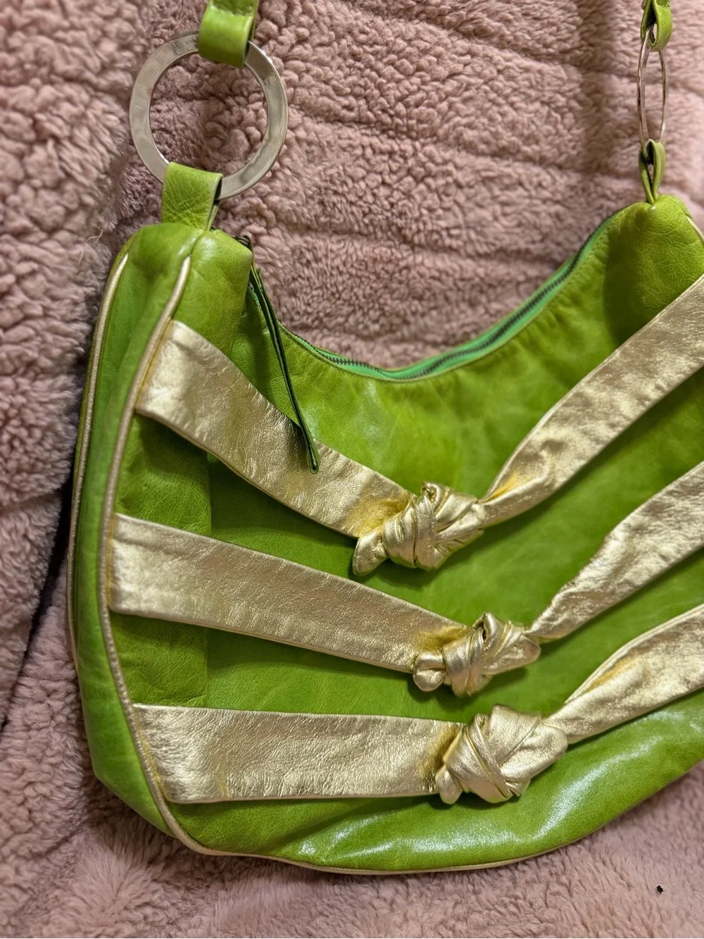 Rare Y2K Janna Kruse Lime Green Gold Leather Shoulder Bag